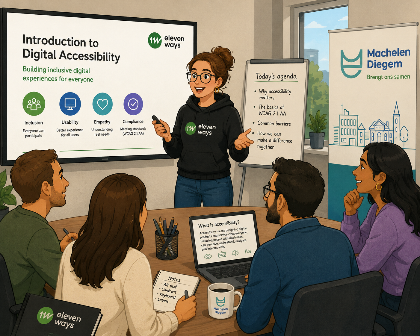 Illustration of an Eleven Ways digital accessibility training session for Machelen