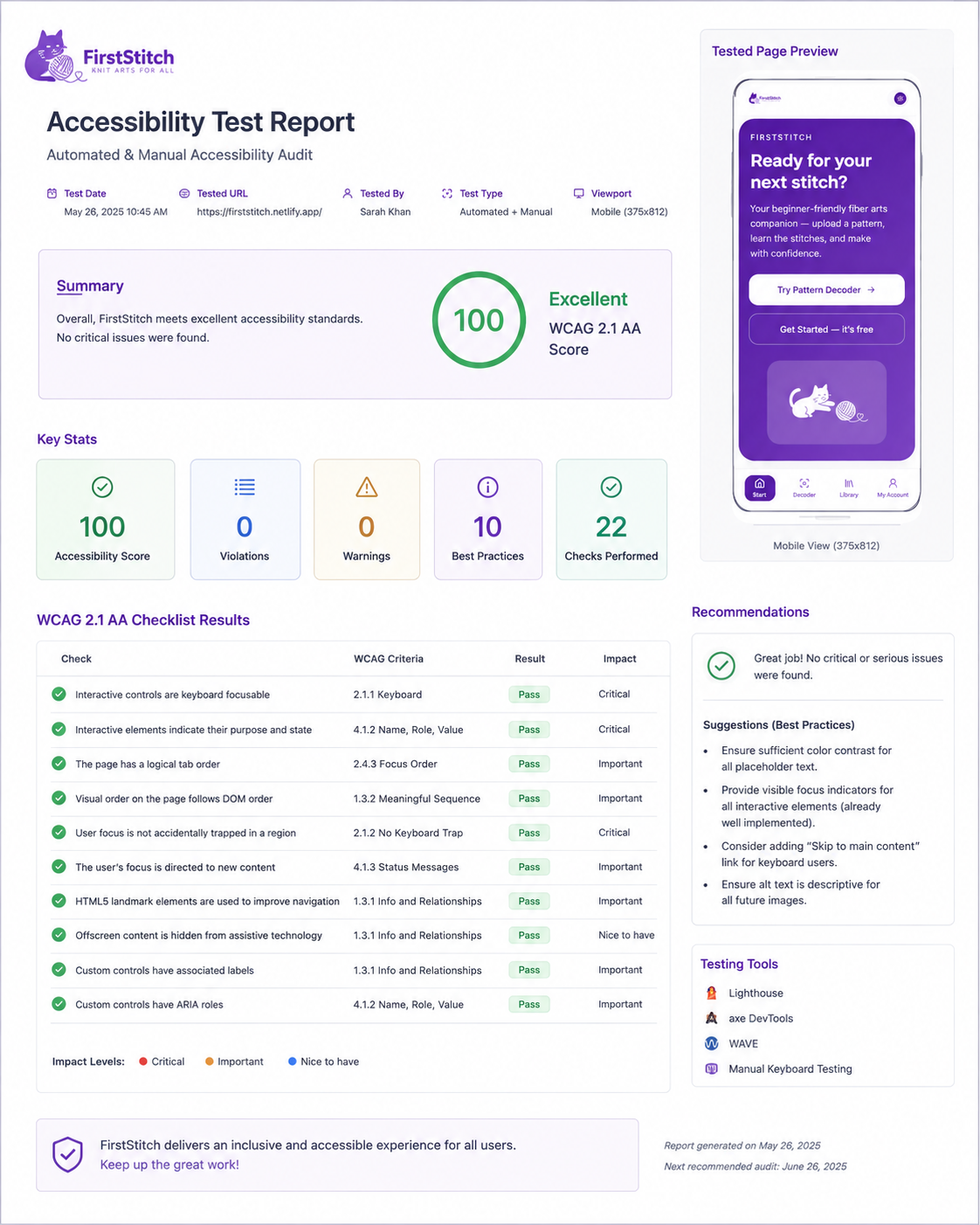 Accessibility audit checklist applied to the FirstStitch concept
