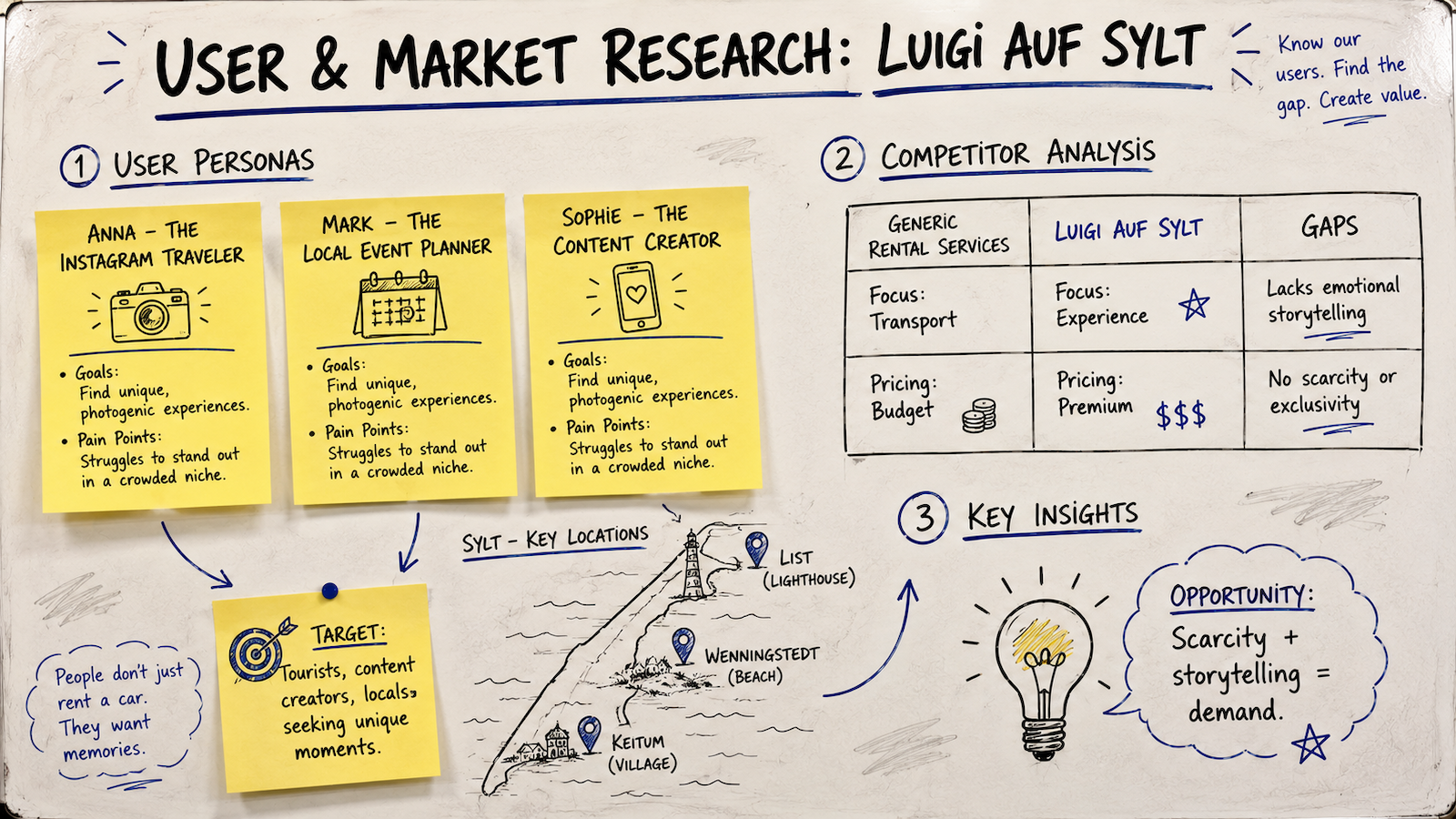 User and market research board for Luigi auf Sylt