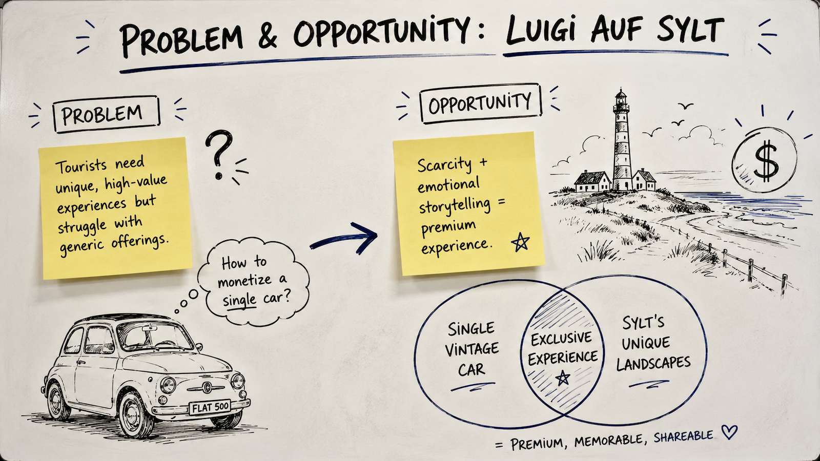 Whiteboard breaking down the problem and opportunity for Luigi auf Sylt