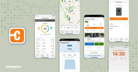 ChargePoint app screens for charging activity, station maps, and home charging