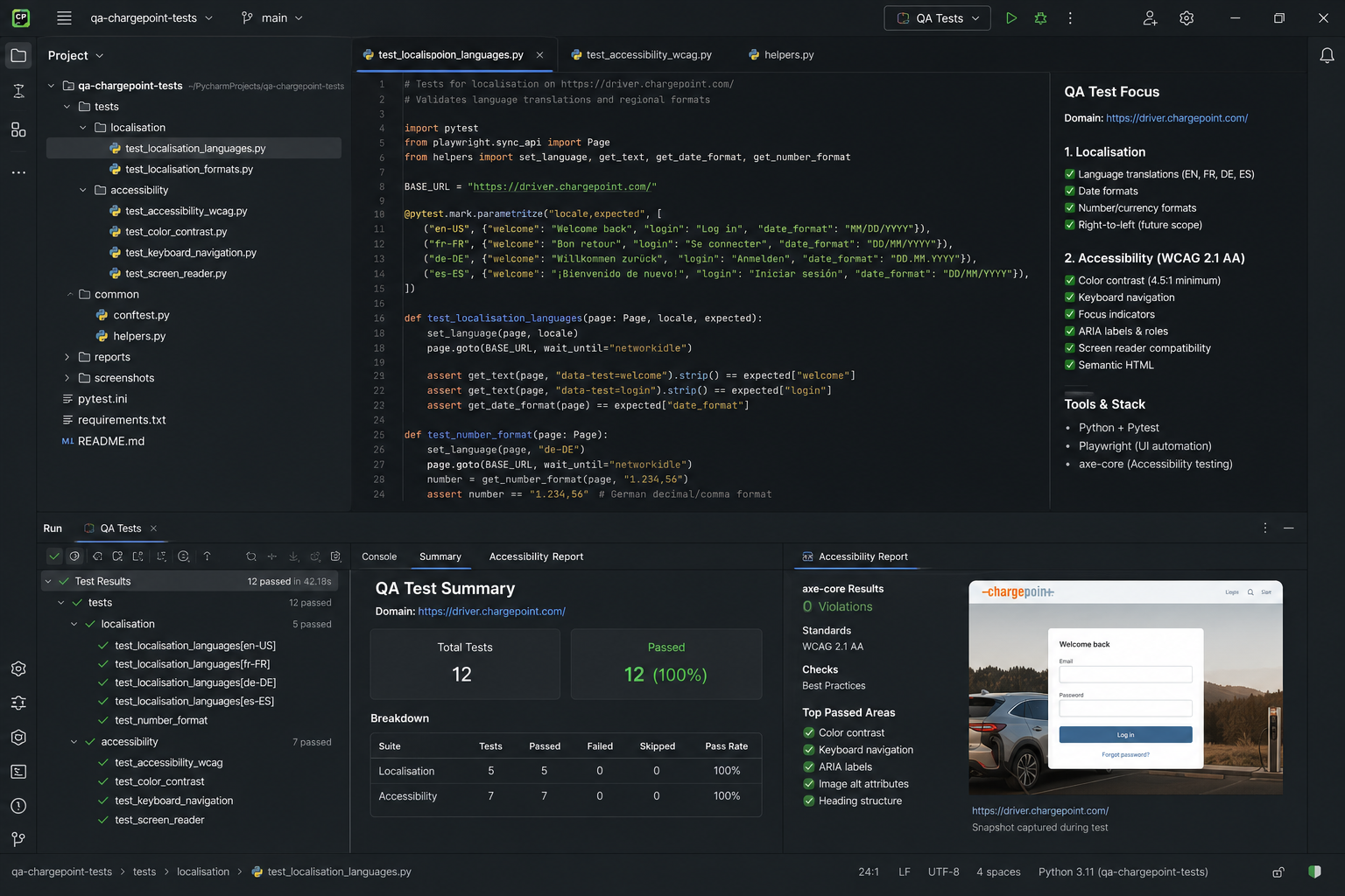 Mockup of localisation and accessibility tests for the ChargePoint driver portal
