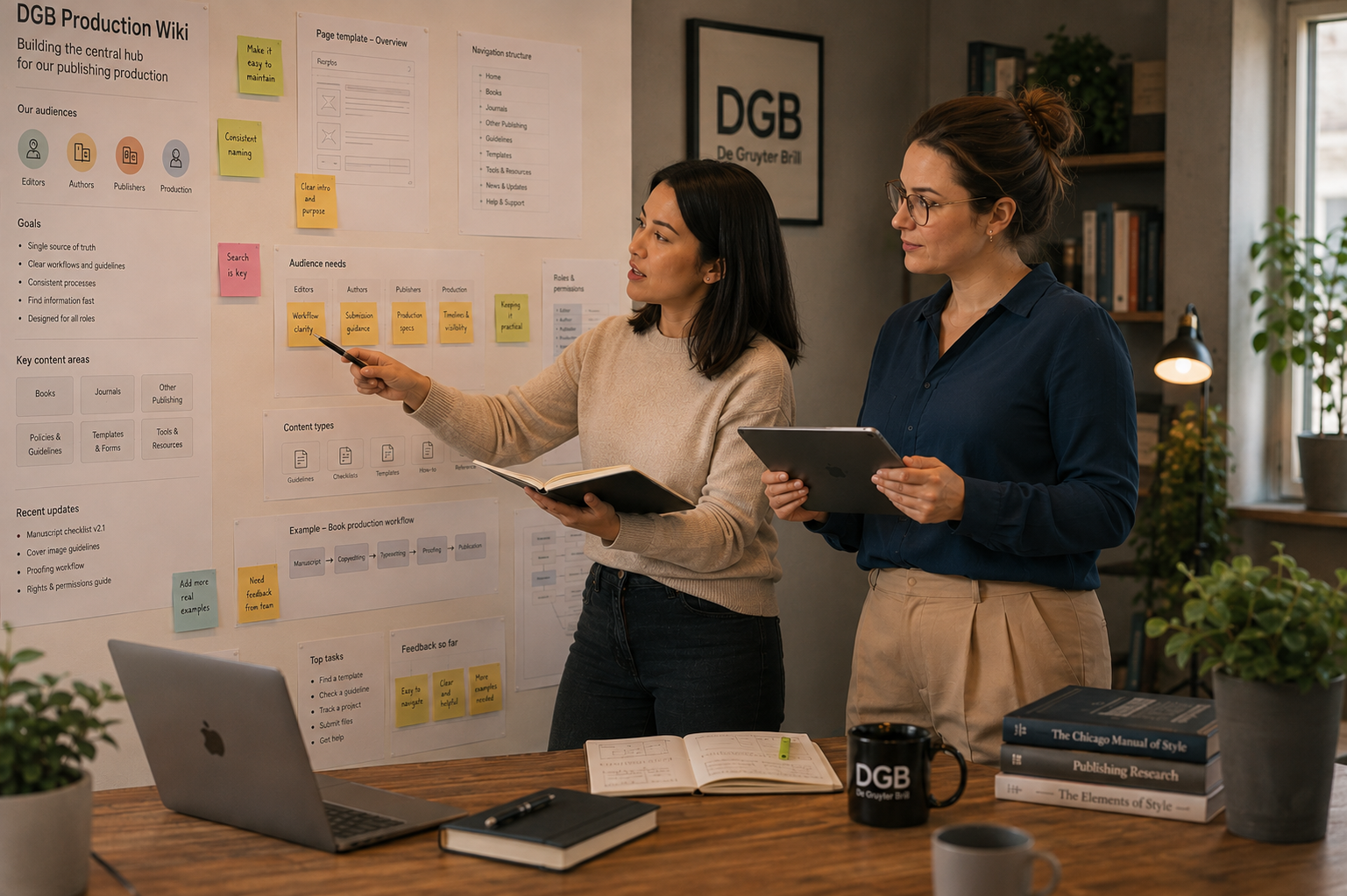 Two colleagues reviewing a Production Wiki planning wall covered in notes